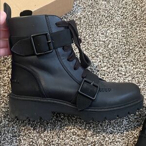 UGG Noe Black Leather Combat Boots with Buckles